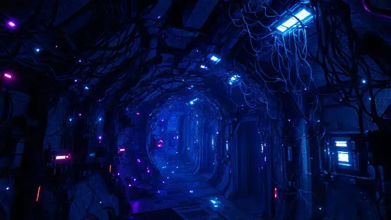 Cámara futurista con red electromagnética y filamentos