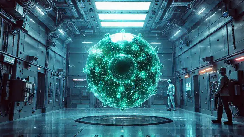 Esfera molecular brillante en laboratorio futurista seguro