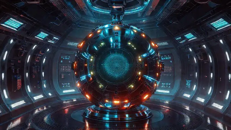 Esfera metálica misteriosa en laboratorio futurista