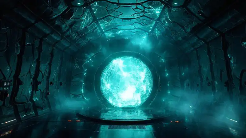 Cámara futurista con cristales y energía