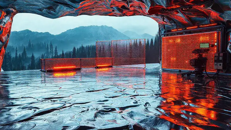 Espacio futurista con barreras y luces misteriosas