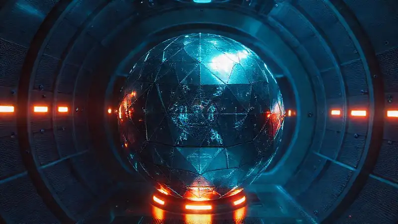 Esfera metálica misteriosa en cámara futurista