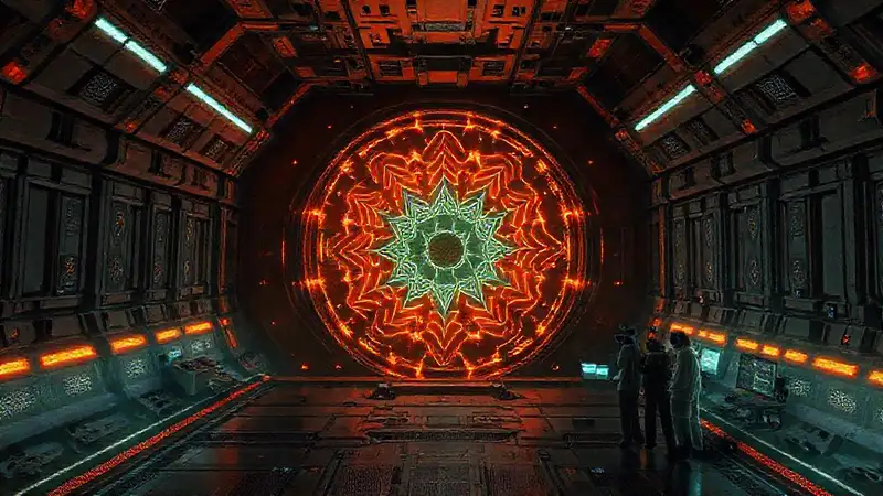 Campo energético fractal con símbolos futuristas