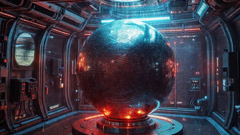 Esfera metálica misteriosa en laboratorio futurista