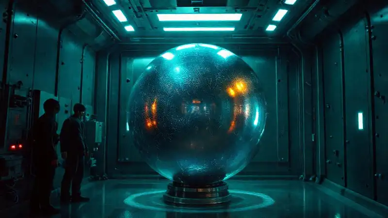 Esfera metálica iridiscente en laboratorio futurista
