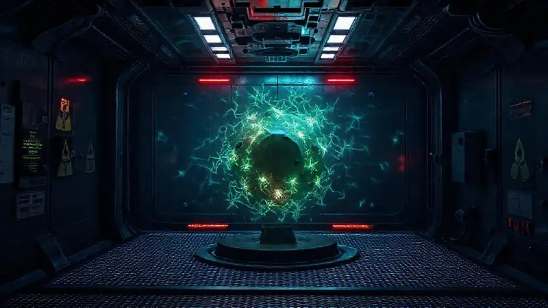 Cámara con patrón fractal y advertencias peligrosas