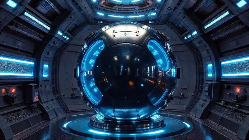 Esfera metálica misteriosa en entorno futurista