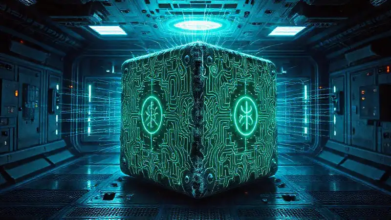 Cubo misterioso con símbolos y seguridad tecnológica