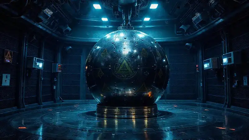 Esfera metálica misteriosa en contenedor seguro