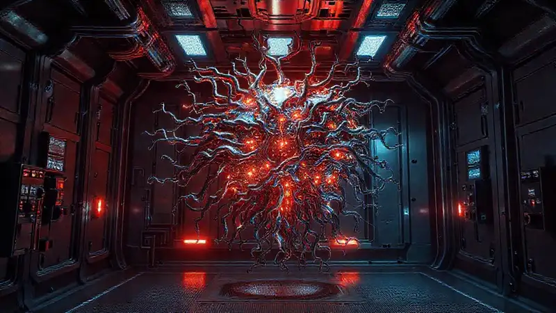 Estructura orgánica metálica en entorno futurista