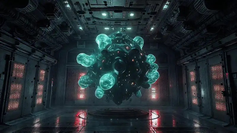 Estructura misteriosa en entorno futurista inquietante