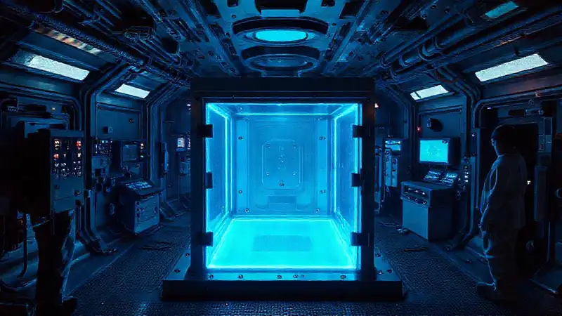 Cápsula fría futurista en laboratorio brillante