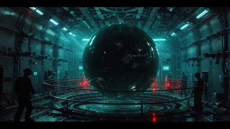 Esfera negra misteriosa en contenedor de alta tecnología