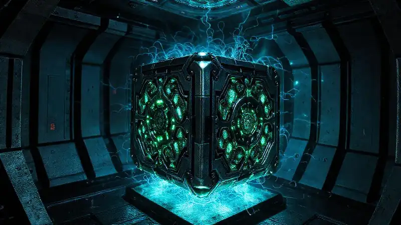 Cubotipo fractal brillante en contenedor futurista peligroso