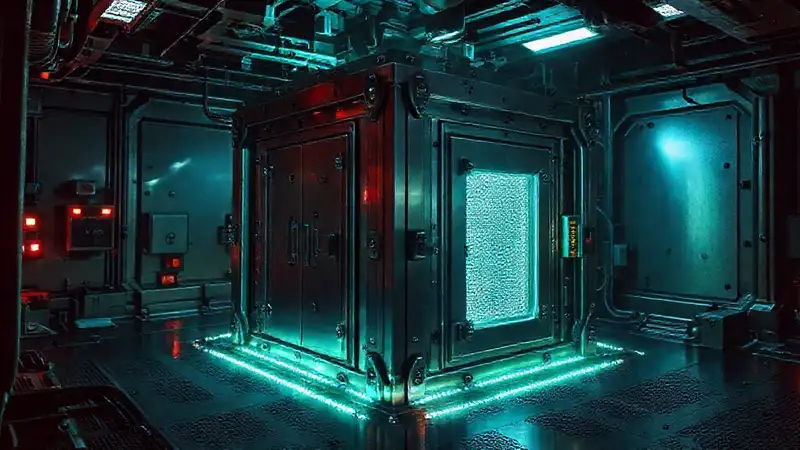 Cubo metálico brillante en contención científica