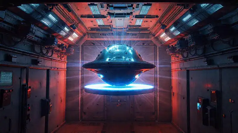 Objeto metálico flotante en laboratorio futurista