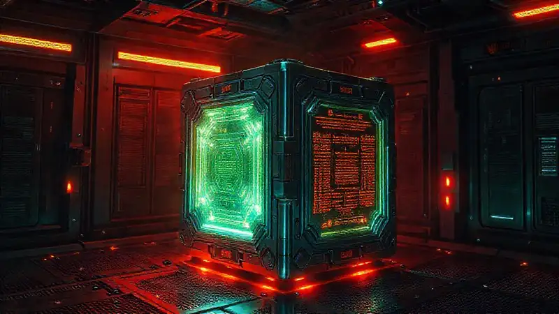 Cubo metálico misterioso en entorno futurista