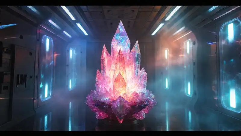Estructura cristalina luminosa en espacio futurista