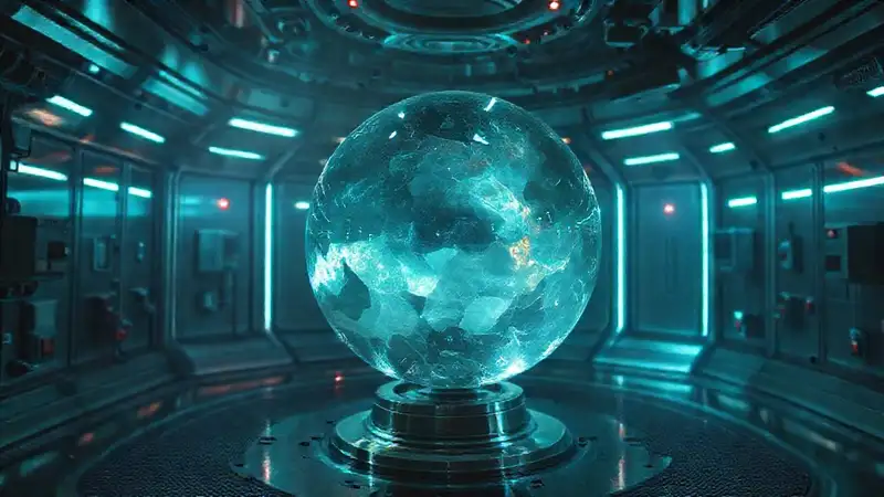 Esfera cristalina en entorno futurista y peligroso