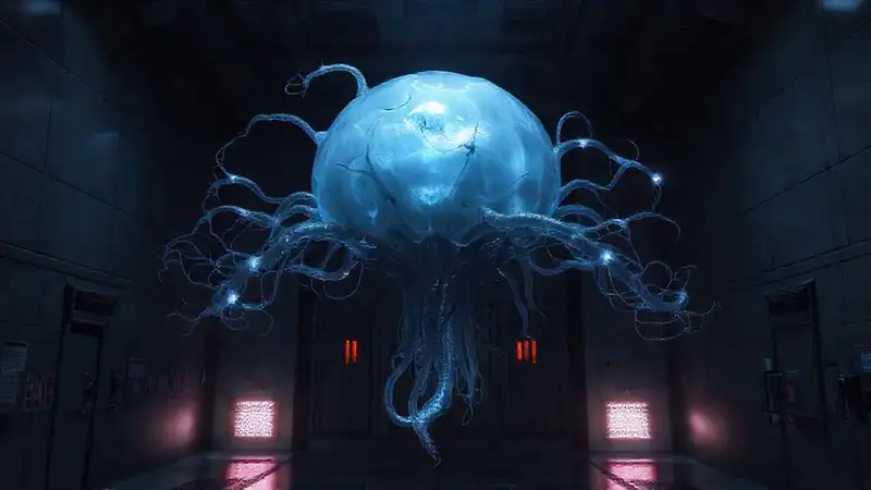 Estructura biológica luminosa en entorno científico misterioso