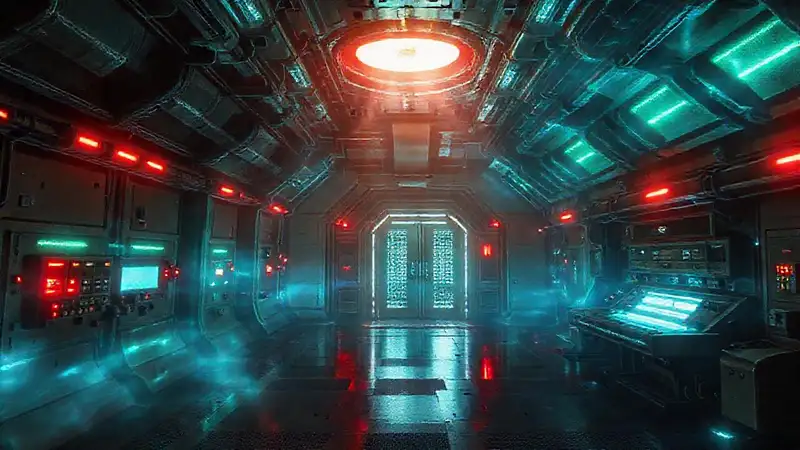Habitáculo futurista, energía, seguridad y atmósfera tensa