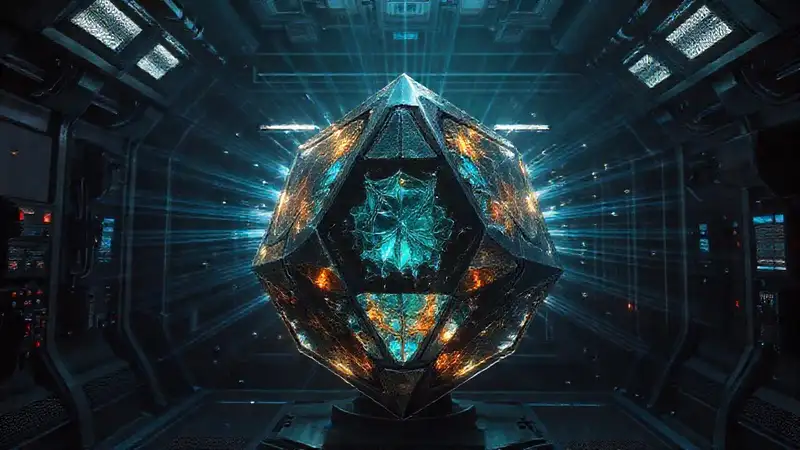 Cristal metálico iridiscente en contención futurista