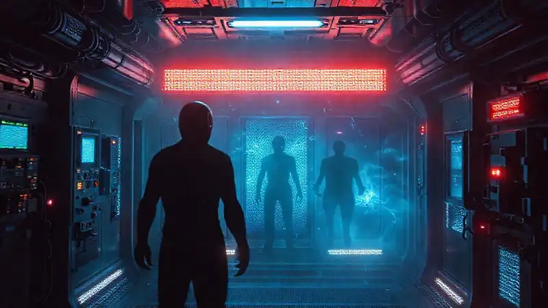 Cápsula futurista con sombras y energía fluctuante