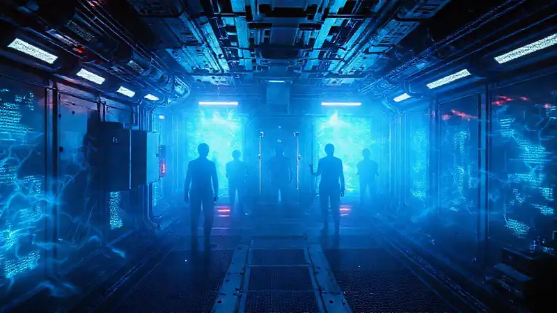 Cápsula futurista con energía y sombras humanas