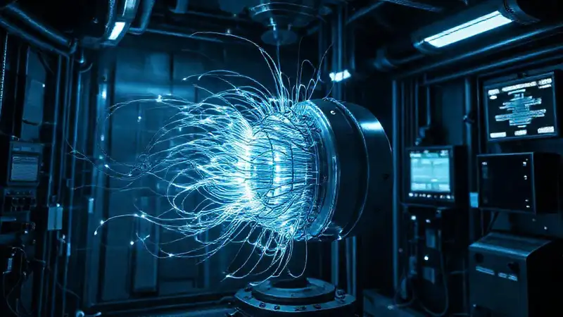 Estructura metálica luminosa en sala futurista segura