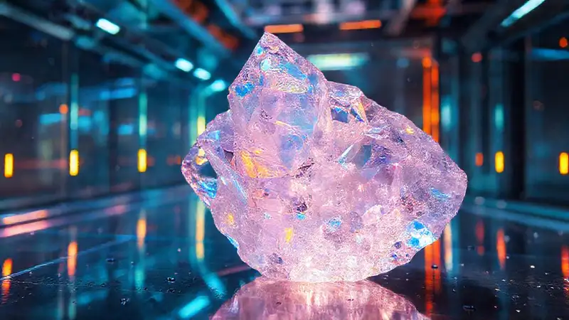 Fragmento cristalino iridiscente en laboratorio futurista