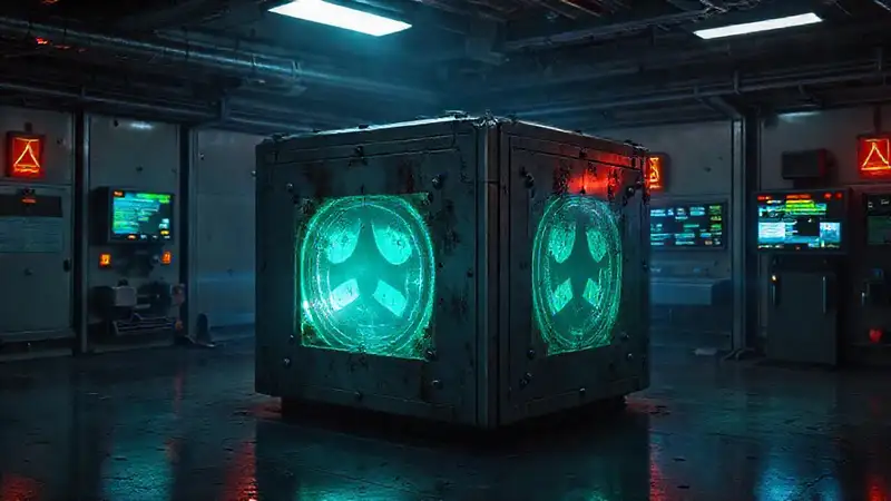 Cubo metálico misterioso en entorno de seguridad