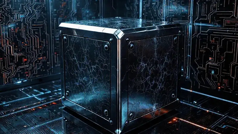 Cubo metálico misterioso con patrones fractales