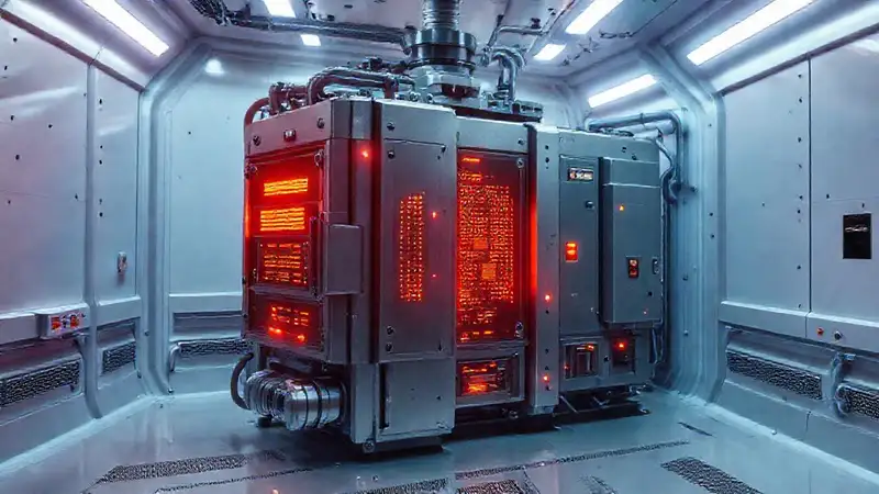 Máquina metálica futurista con advertencias y seguridad