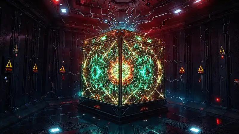 Cubo con patrones fractales y campo electromagnético