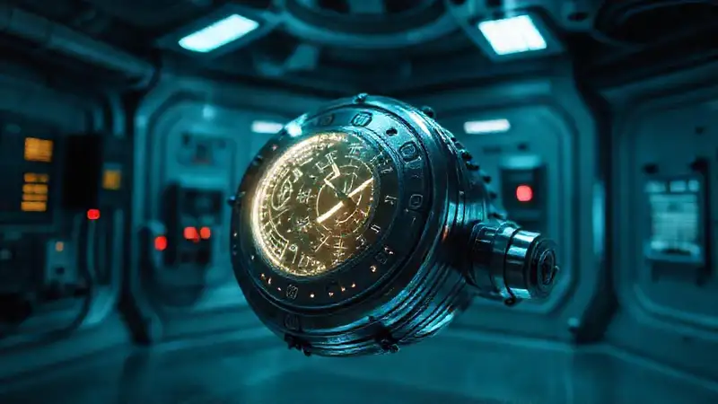 Objeto metálico misterioso en sala futurista segura
