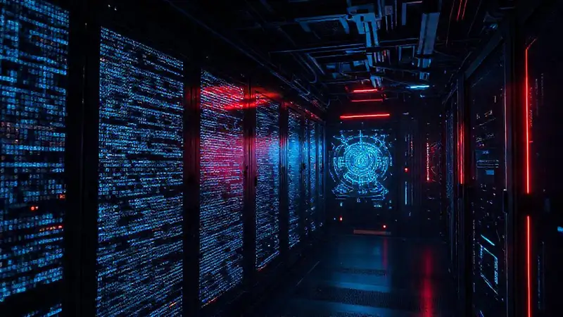 Código digital y hologramas en entorno futurista