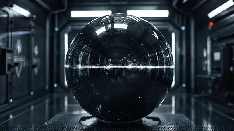 Esfera metálica luminosa en confinamiento futurista