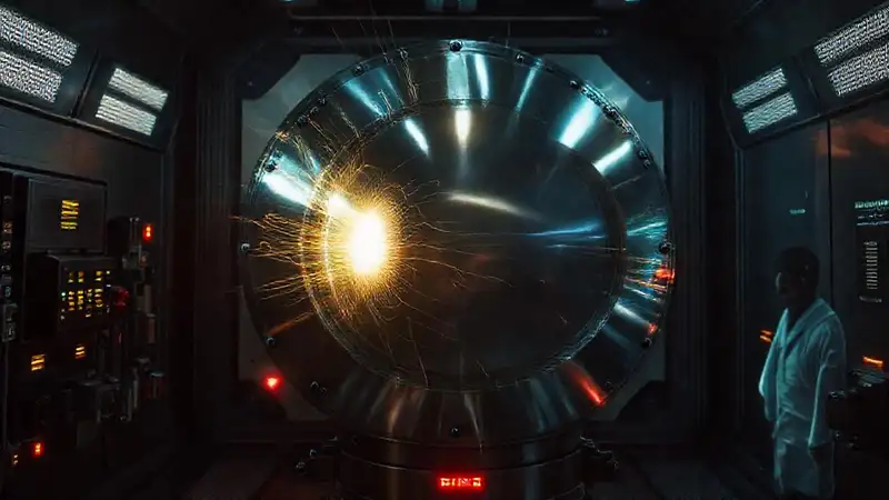 Cilindro metálico peligroso en laboratorio futurista