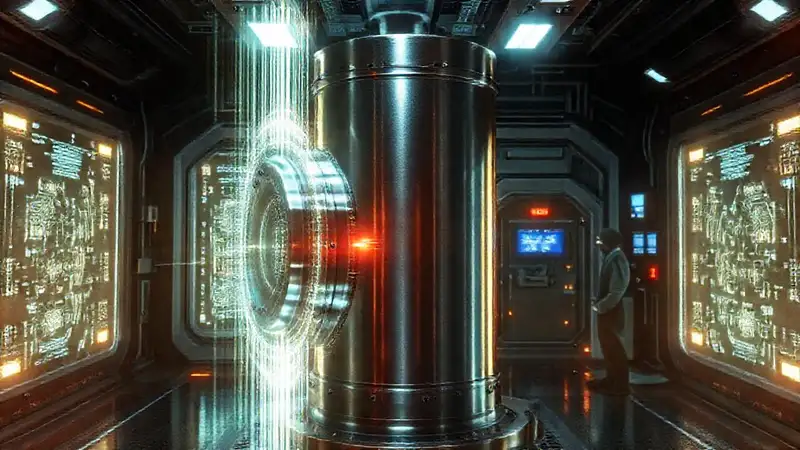 Cilindro metálico misterioso en cámara futurista