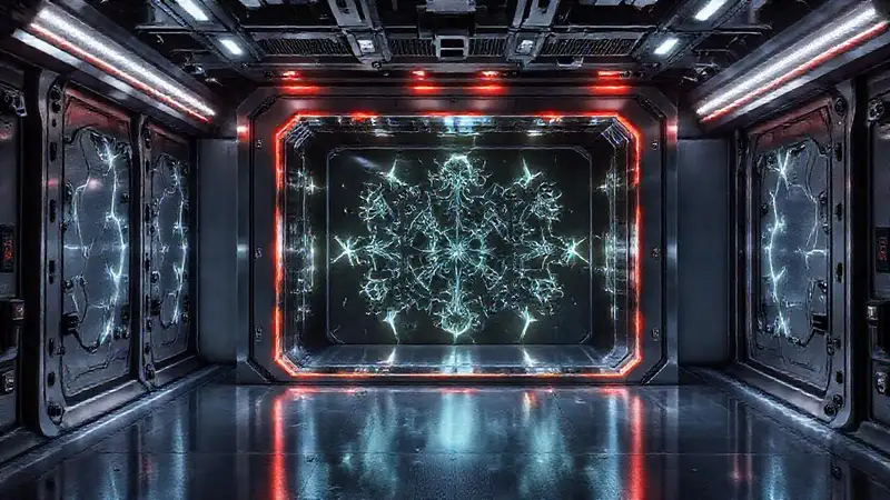 Contenedor metálico con patrones fractales lumininosos