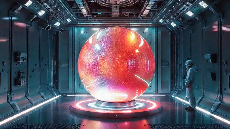 Esfera metálica iridiscente en laboratorio futurista