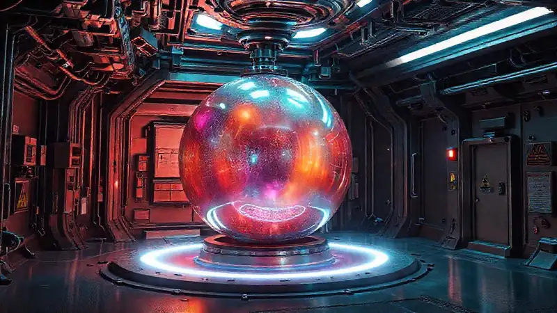 Esfera metálica iridiscente en laboratorio seguro