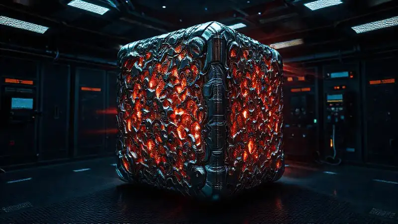 Cubo metálico brillante en habitación misteriosa