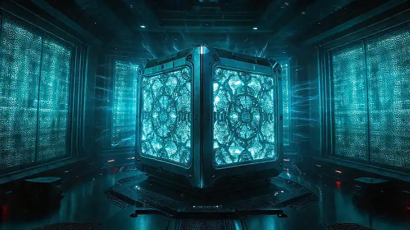 Cubículo futurista con energía y patrones fractales