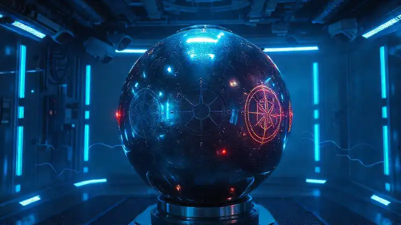 Esfera metálica misteriosa en laboratorio futurista
