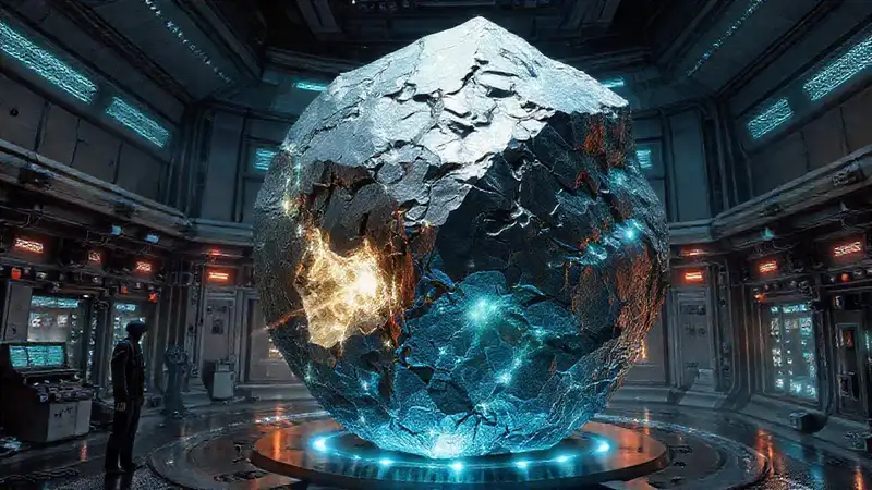 Cristal monolítico en laboratorio futurista misterioso