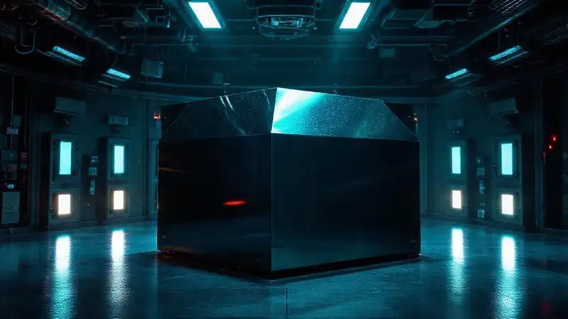 Prisma metálico iridiscente en laboratorio futurista