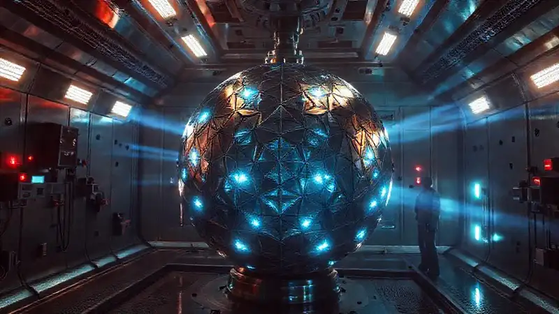 Esfera metálica misteriosa en laboratorio futurista