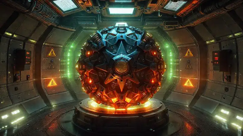 Artefacto metálico misterioso en cámara futurista