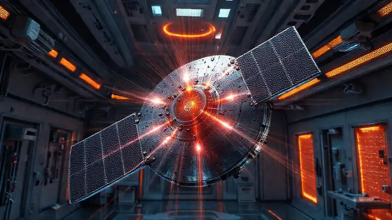 Satélite SCP-9243 en entorno futurista y seguro